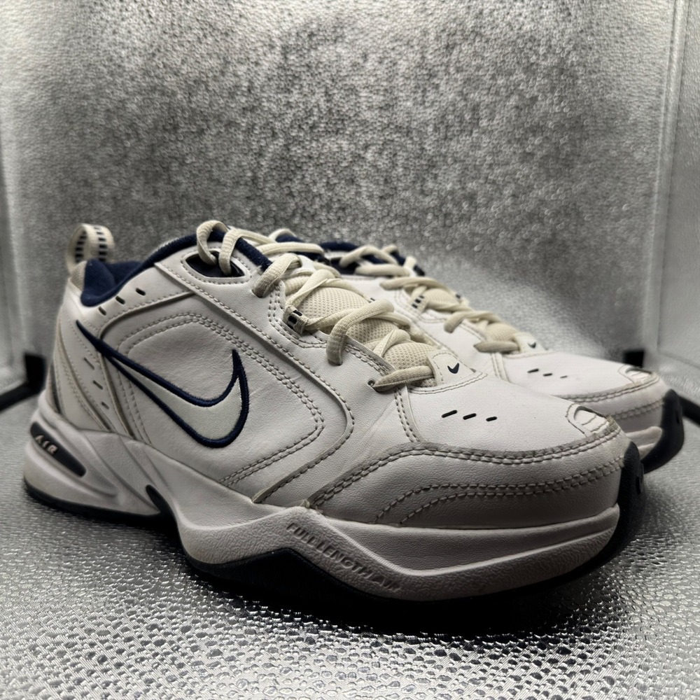 Size 9 Nike Air Monarch IV Training Shoes Mens White Navy Excellent 415445-102
